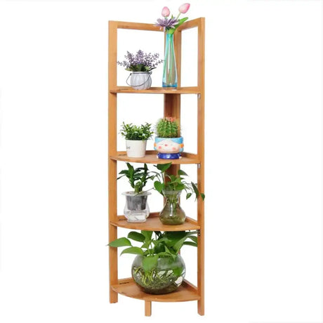 BukkitBow bamboe hoek- en wandplank met 4 niveaus, robuust en stabiel, afmetingen 27x27x120 cm, geschikt voor boeken en decor.