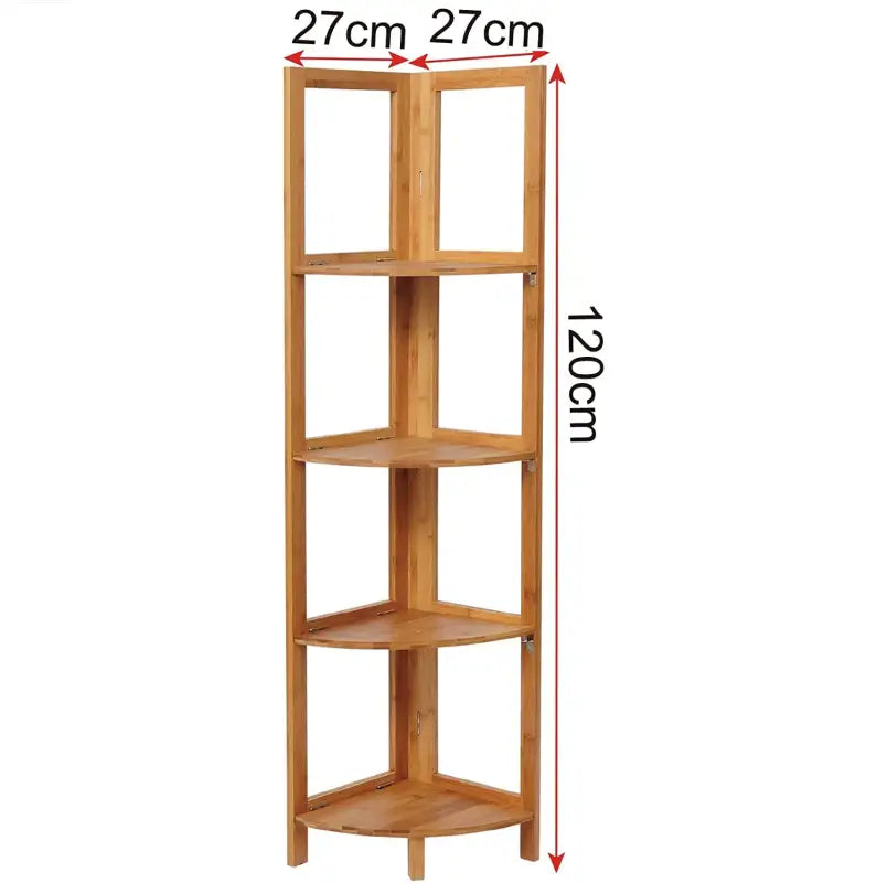 BukkitBow hoek- en wandplank van bamboe, 4 opslagniveaus, robuust en stabiel, afmetingen 27x27x120cm, voor boeken en decor.