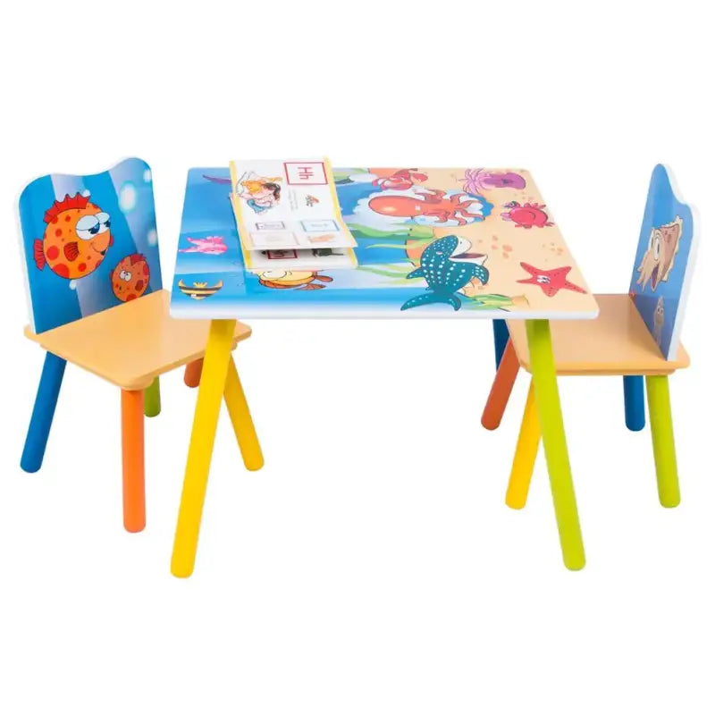 Houten kindertafel van BukkitBow met visprint, inclusief twee stoelen, geschikt voor kinderen, 60x60cm.