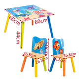 Houten kindertafel en kinderbureau van BukkitBow met visprint, inclusief 2 stoelen, afmetingen 60x60cm, geschikt voor kinderen