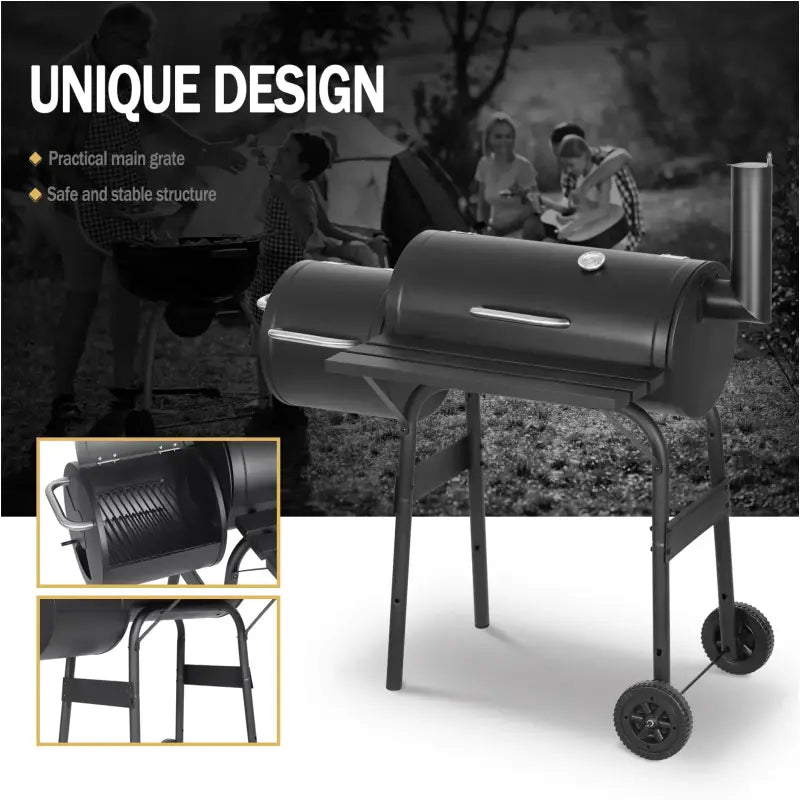 BukkitBow houtskoolbarbecue van staal met 3 grillroosters en uitlaat, afmetingen 115x53x114 cm, ideaal voor buitenbarbecue.