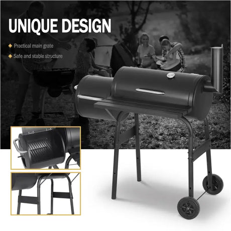 BukkitBow houtskoolbarbecue van staal met 3 grillroosters en uitlaat, afmetingen 115x53x114 cm, ideaal voor buitenbarbecue.