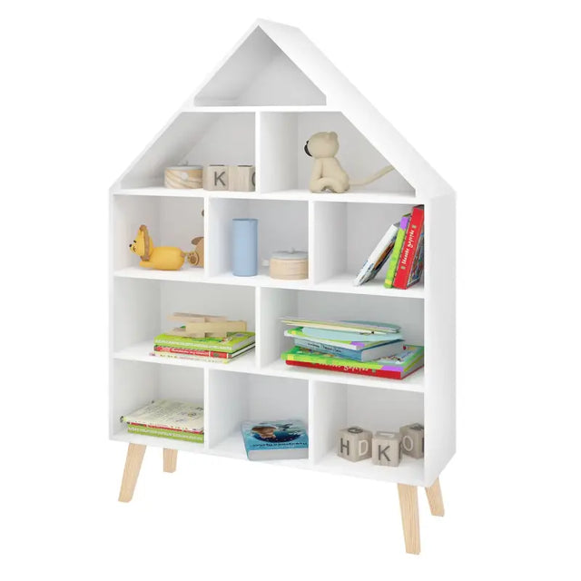 Huisvormige kinderboekenkast van BukkitBow in sterk grenenhout met 11 vakken, afmetingen 80x116x24 cm, geschikt voor kinderboeken