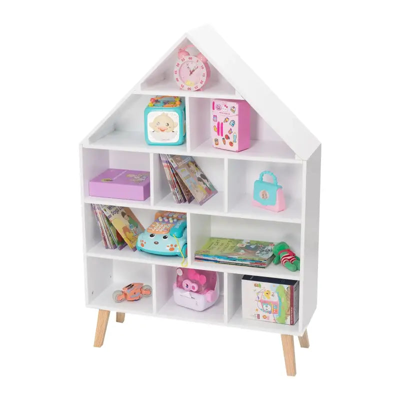 Huisvormige kinderboekenkast van BukkitBow in stevig grenenhout met 11 vakken, afmetingen 80x116x24cm, geschikt voor kinderboekencollecties.