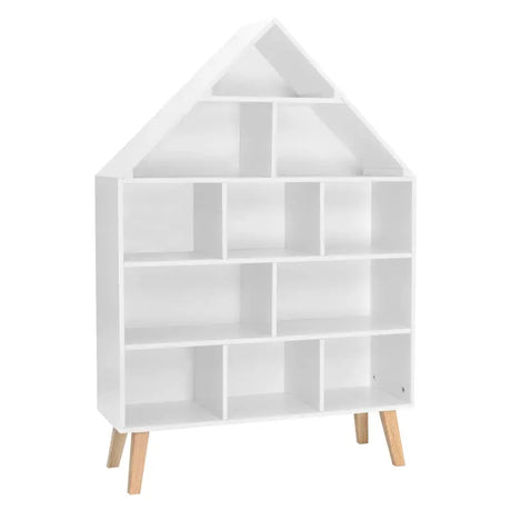 Kinderboekenkast BukkitBow in huisvorm, sterk grenenhout, 11 vakken, afmetingen 80x116x24cm, geschikt voor kinderkamers.