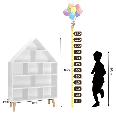 Huisvormige kinderboekenkast van BukkitBow in sterk grenenhout met 11 vakken, afmetingen 80x116x24 cm, geschikt voor kinderspullen.