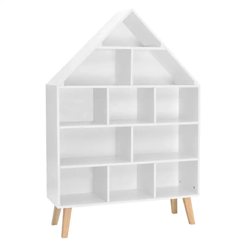 Huisvormige kinderboekenkast van BukkitBow in stevig grenenhout met 11 vakken, afmetingen 80x116x24cm voor kinderen.