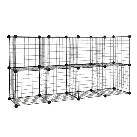 Zwart BukkitBow ijzeren opbergrek met zelf aanpasbare planken en 432 liter capaciteit, inclusief montagehamer, zichtbaar in de afbeelding.