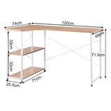 Industrieel BukkitBow hoekbureau met 2 opbergplanken, compact ontwerp, 120x74cm, ideaal voor thuis of kantoor.
