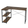 Industrieel hoekbureau van BukkitBow, compact ontwerp met 2 opbergplanken, afmetingen 120x74cm, geschikt voor thuis of kantoor.