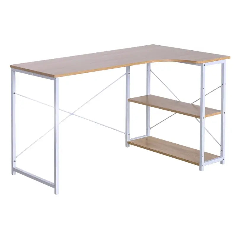 BukkitBow industrieel hoekbureau met 2 opbergplanken, compact design, 120x74cm, zwart metalen frame en houten werkblad