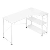 Industrieel hoekbureau van BukkitBow, compact met 2 opbergplanken, afmeting 120x74cm, ideaal voor thuis of kantoor.