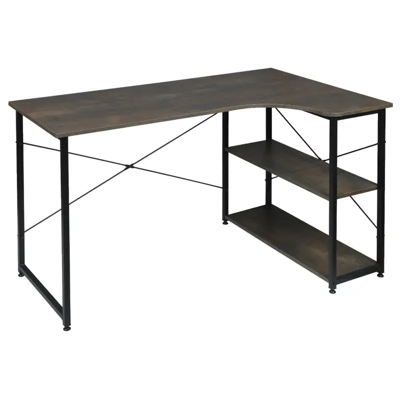 Industrieel hoekbureau van BukkitBow, compact met 2 opbergruimtes, 120x74cm, geschikt voor kantoor of thuiswerkruimte.
