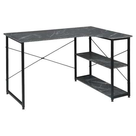 Industrieel klein hoekbureau van BukkitBow met twee planken opbergruimte, 120x74cm, geschikt voor thuis of kantoor.