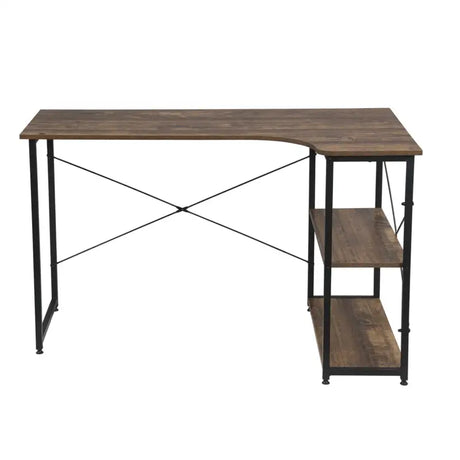 Industrieel klein hoekbureau van BukkitBow met 2 opbergplanken, afmetingen 120x74cm, houten werkblad en metalen frame.