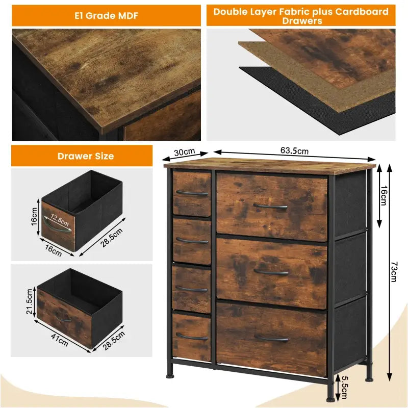 Industrieel BukkitBow dressoir met 7 stoffen laden, hout, metaal en stof, in rustiek bruin en zwart, 63,5x30x73 cm, veelzijdige opslag