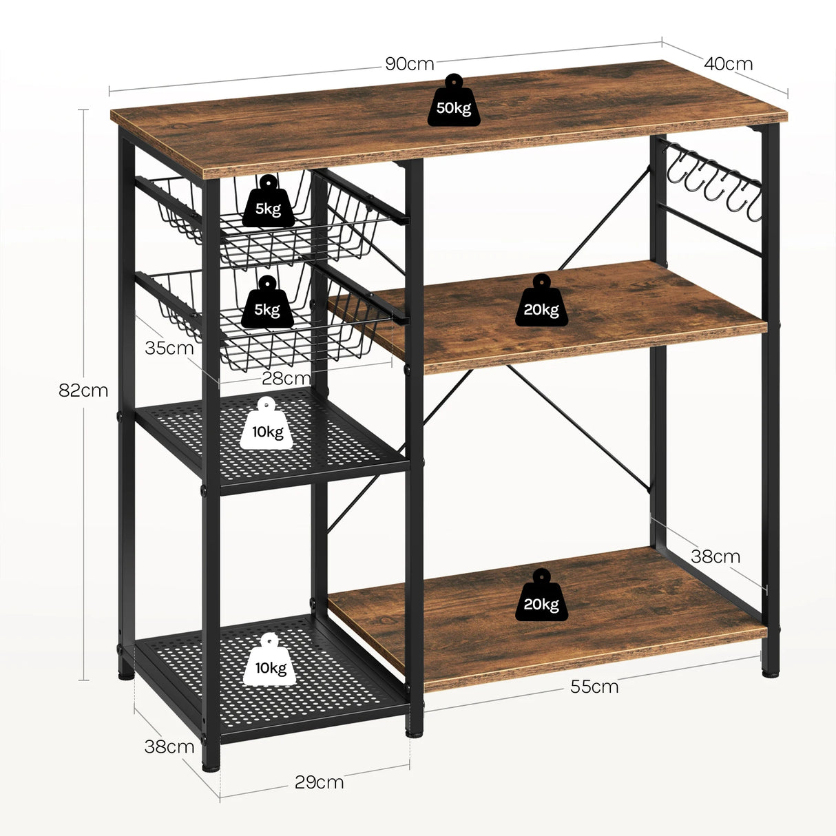 Industrieel keukenrek van BukkitBow met draadmandjes, 5 haken en metalen frame voor keukengerei en accessoires.