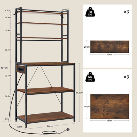 Industrieel keukenrek van BukkitBow met 6 open planken en geïntegreerd stopcontact, perfect voor keukenorganisatie en stijl