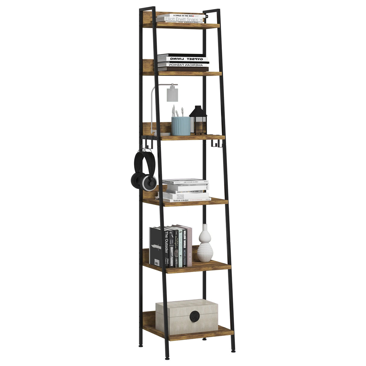 Industrieel ladderrek boekenkast van BukkitBow met 6 planken en 4 haken, gemaakt van metaal, geschikt voor interieurdecoratie.