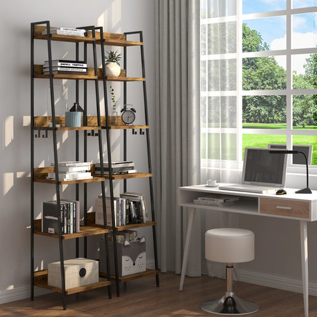 Industrieel ladderrek boekenkast van BukkitBow met 6 planken en 4 haken, gemaakt van metaal, voor stijlvolle opbergruimte.