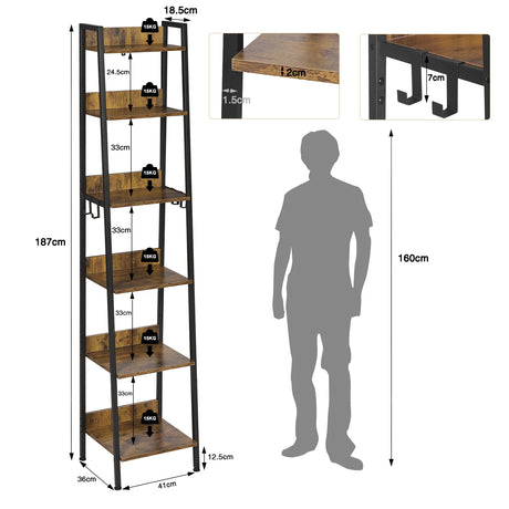 Industrieel ladderrek boekenkast van BukkitBow met 6 houten planken, 4 metalen haken en metalen frame, voor moderne interieurdecoratie.