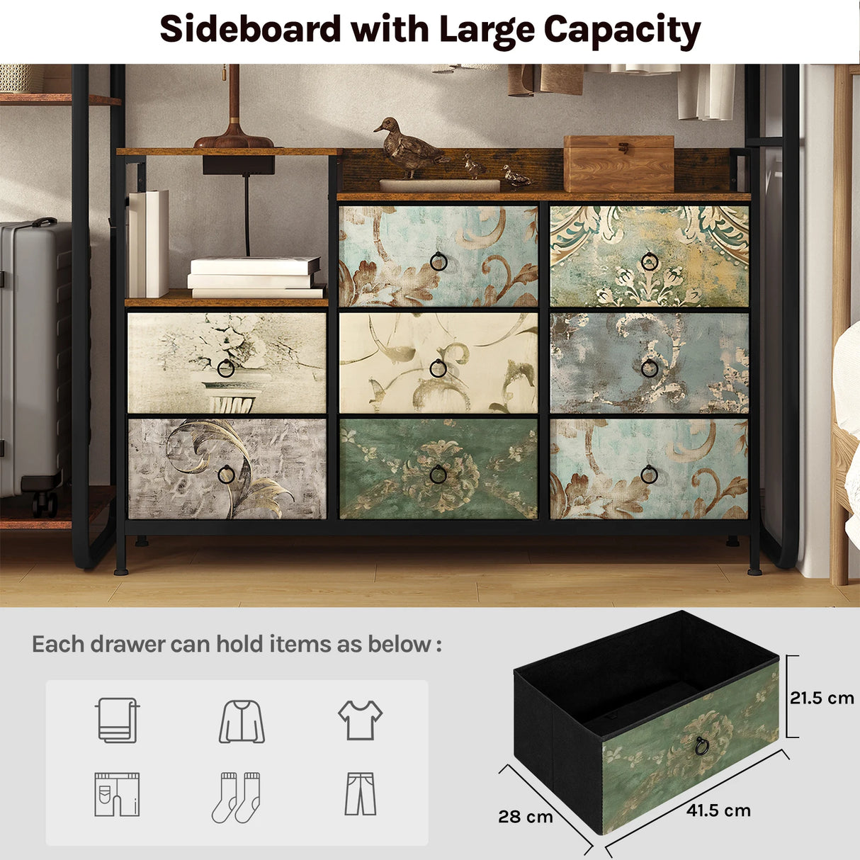 Industriële BukkitBow commode met 8 laden en ingebouwd stopcontact, stevig dressoir met metalen handgrepen en houten afwerking.