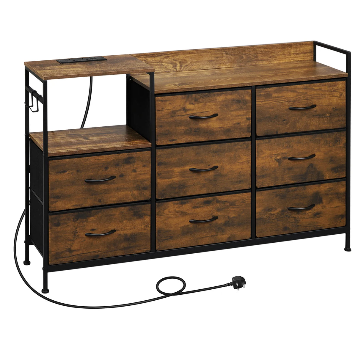 Industriële BukkitBow commode met 8 laden en ingebouwd stopcontact, modern dressoir met metalen handvatten en houtlook afwerking.