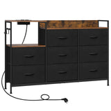 Industriële BukkitBow commode met 8 laden en ingebouwd stopcontact, houten afwerking en metalen handvatten.