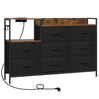 Industriële BukkitBow commode met 8 laden en ingebouwd stopcontact, houten afwerking en metalen handvatten.