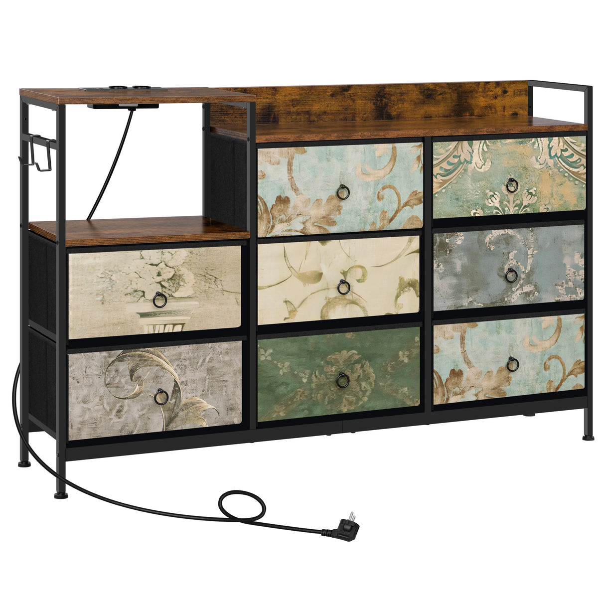 BukkitBow industriële commode met 8 laden en ingebouwd stopcontact, modern dressoir met metalen handgrepen en houten afwerking.