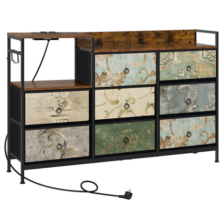 BukkitBow industriële commode met 8 laden en ingebouwd stopcontact, modern dressoir met metalen handgrepen en houten afwerking.