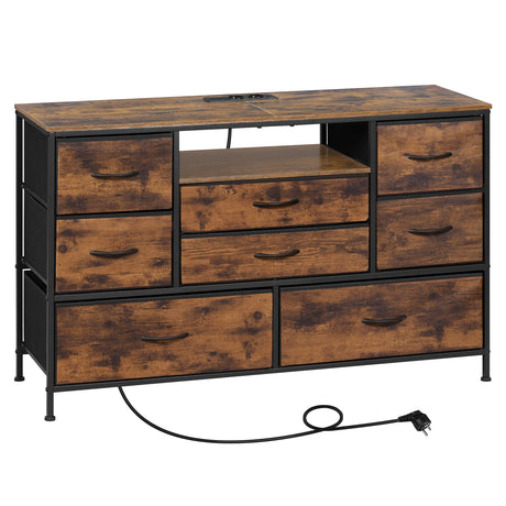 Industriële BukkitBow commode met 8 laden, stopcontacten en LED-verlichting, zwart metalen frame en houten laden in modern interieur