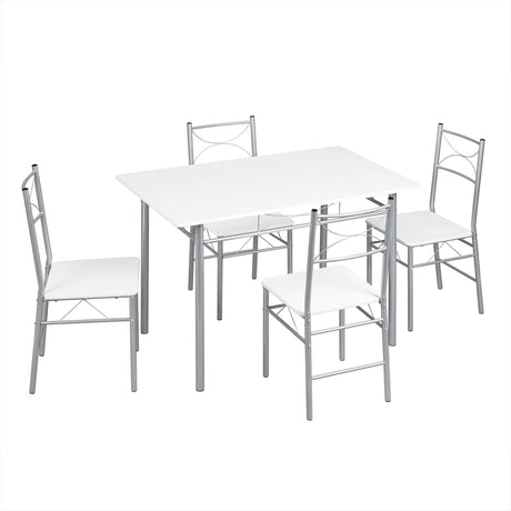BukkitBow industriële eethoek set met tafel en 4 stoelen, compact design, moderne hout en metaal afwerking, perfecte eetruimte.