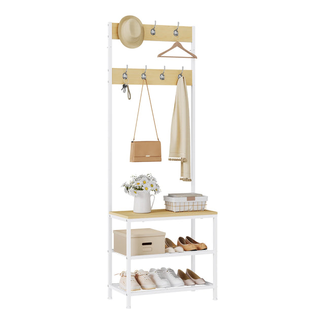 Industriële BukkitBow garderoberek met zitbank, zeven haken en houtlook afwerking, ideaal voor entree of garderobe.