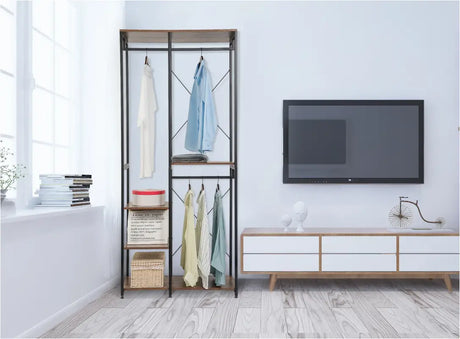Industriële BukkitBow kledingrek met grote opslagruimte, verstelbare anti-slip pootjes, afmetingen 90x40x213 cm, stevige kwaliteit.