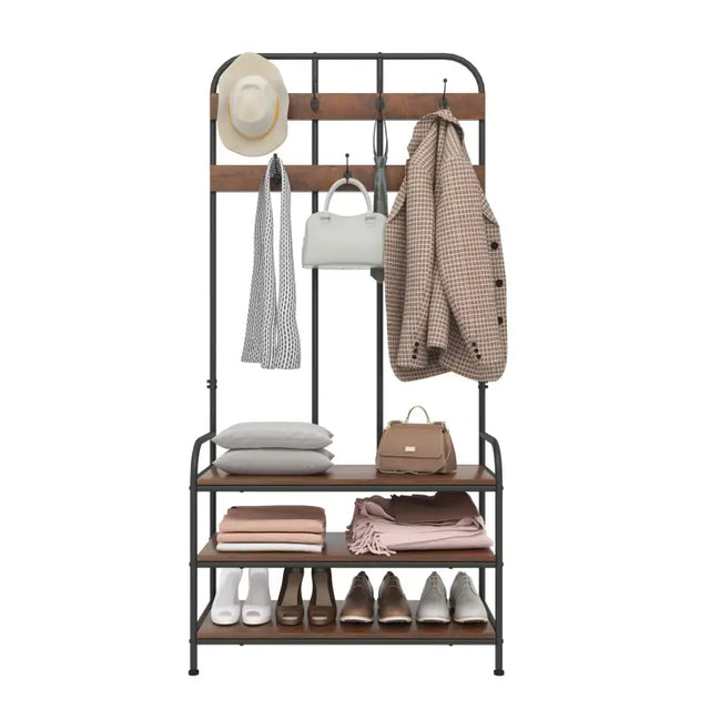 Industriële BukkitBow kledingrek met 7 haken, schoenenrek en garderobe organizer in zwart, afmetingen 84x180x36cm.