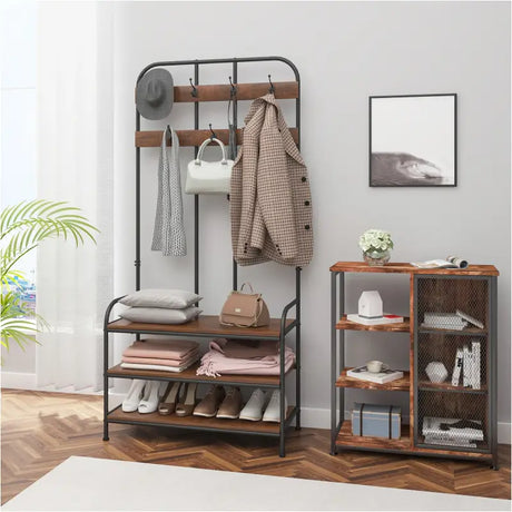 Industriële BukkitBow kledingrek met 7 haken, schoenenrek en garderobe organizer, 84x180x36 cm, geschikt voor jassen, sjaals en hoeden.
