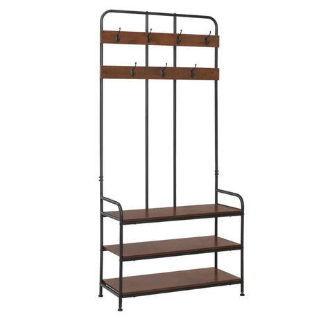 Industriële BukkitBow kledingrek met 7 haken, schoenenrek en garderobe organizer, afmetingen 84x180x36 cm, geschikt voor jassen en accessoires.