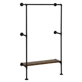 Industriële BukkitBow kledingrek met zwart metalen frame, vintage houten plank, open ontwerp en hoge kledingrail, max 100 kg belasting.