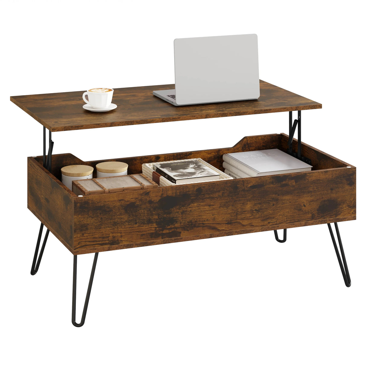 Industriële BukkitBow salontafel met liftfunctie en verborgen opbergruimte, modern design en houten afwerking voor woonkamer.