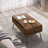 Industriële BukkitBow salontafel met liftfunctie en verborgen opbergruimte, modern design en stevig houten blad.