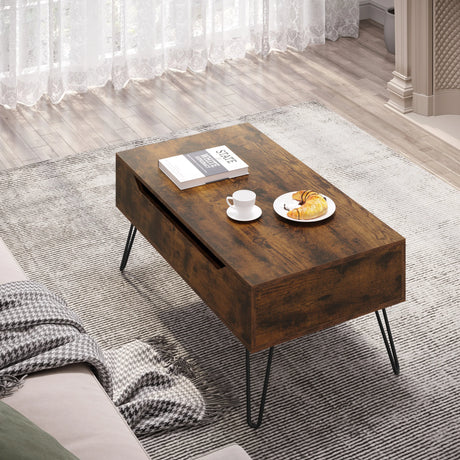 Industriële BukkitBow salontafel met liftfunctie en verborgen opbergruimte, modern design en stevig houten blad.