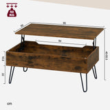 Industriële BukkitBow salontafel met liftfunctie en verborgen opbergruimte, modern design en houten afwerking.
