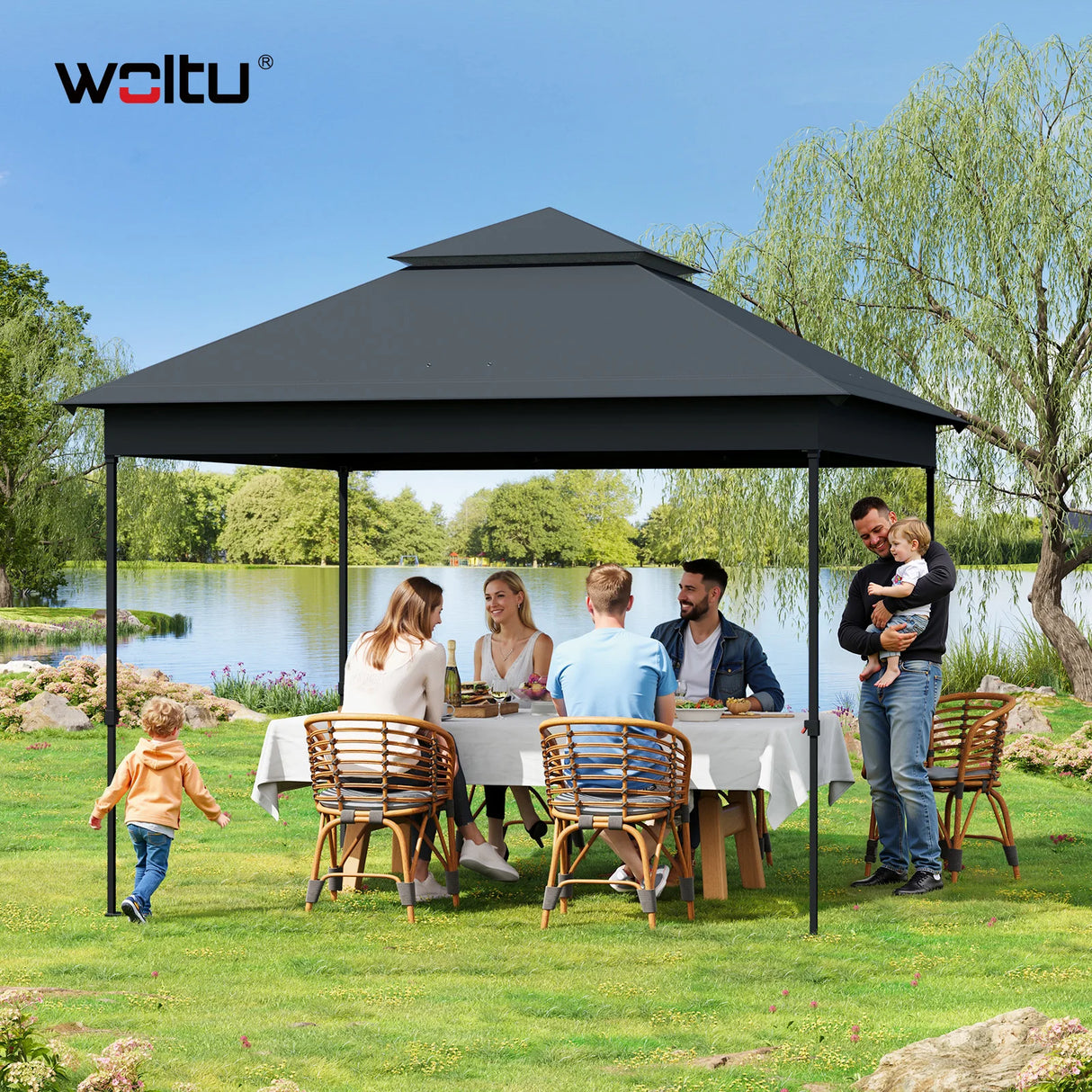 Inklapbare BukkitBow partytent 3x3m met dubbel dak en muggennet, geschikt voor buitenfeestjes en evenementen.