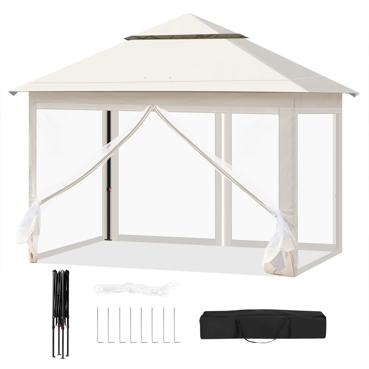 Inklapbare BukkitBow partytent van 3x3m met dubbel dak en muggennet, geschikt voor buitenfeest of evenement.