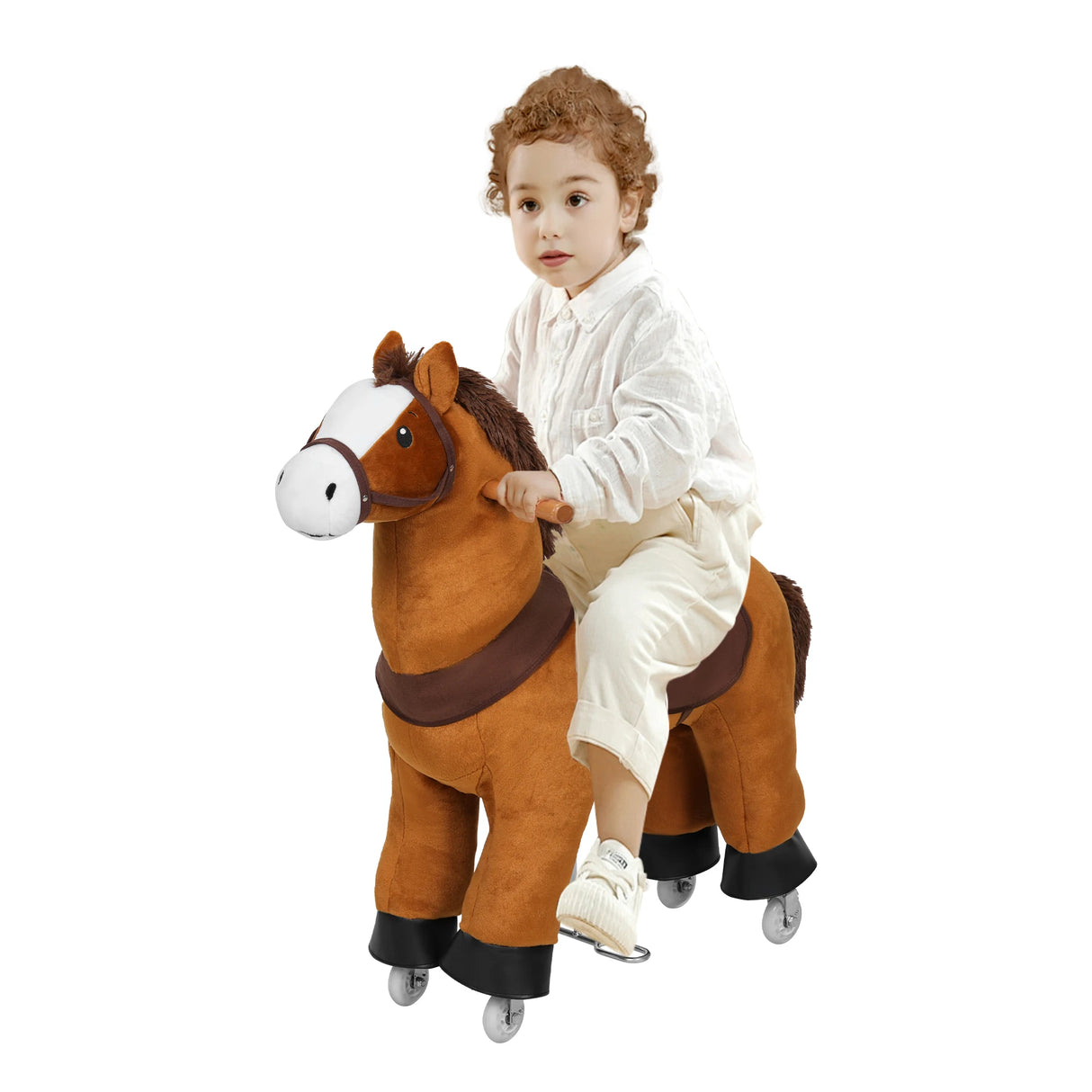 Interaktief pluchen rijpaard van BukkitBow met wielen en geluid, geschikt als hobbypaard voor kinderen, zacht en kleurrijk.
