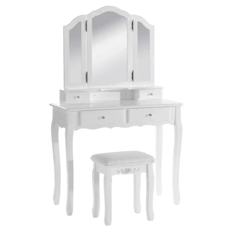 BukkitBow kaptafel met 3-delige spiegel, 4 lades en kruk, stijlvolle make-up tafel met houten afwerking en ruime opbergmogelijkheden