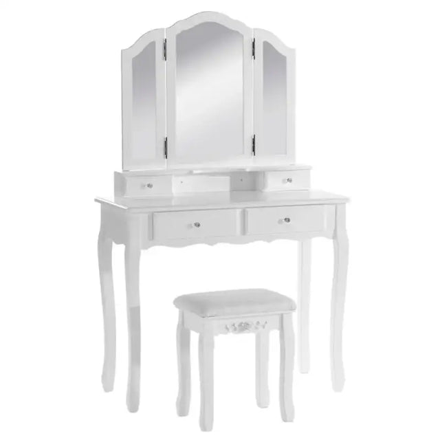 BukkitBow kaptafel met 3-delige spiegel, 4 lades en kruk, stijlvolle make-up tafel met houten afwerking en ruime opbergmogelijkheden