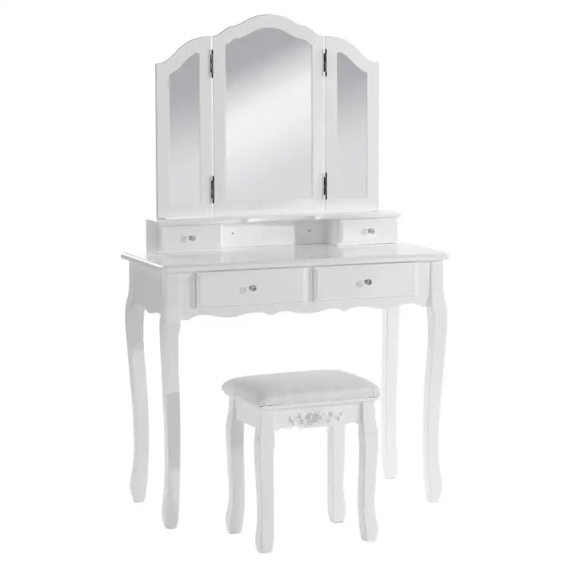 BukkitBow kaptafel met 3-delige spiegel, 4 lades, inclusief kruk, make-up tafel, afmetingen 90x145x40 cm, in een lichte kamer
