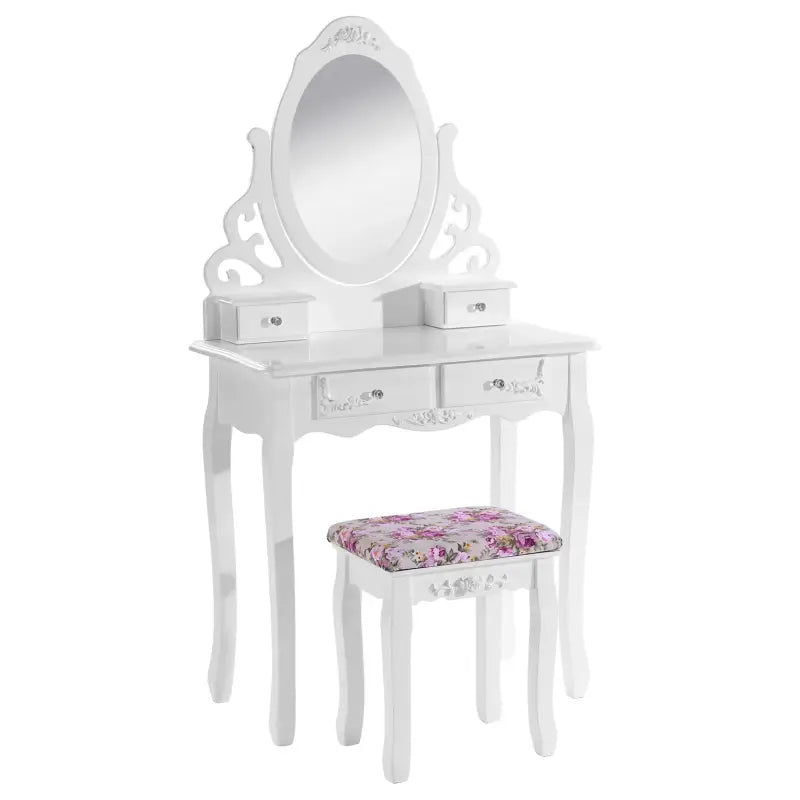 BukkitBow kaptafel met spiegel, vier lades, inklusieve kruk, houten make-up tafel met afmetingen 75x139x40cm.